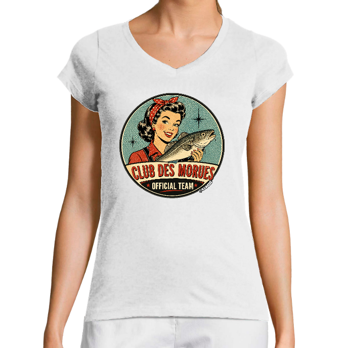 T-SHIRT FEMME COL V KLASSS "CLUB DES MORUES" - Coupe très ajustée, design Vintage