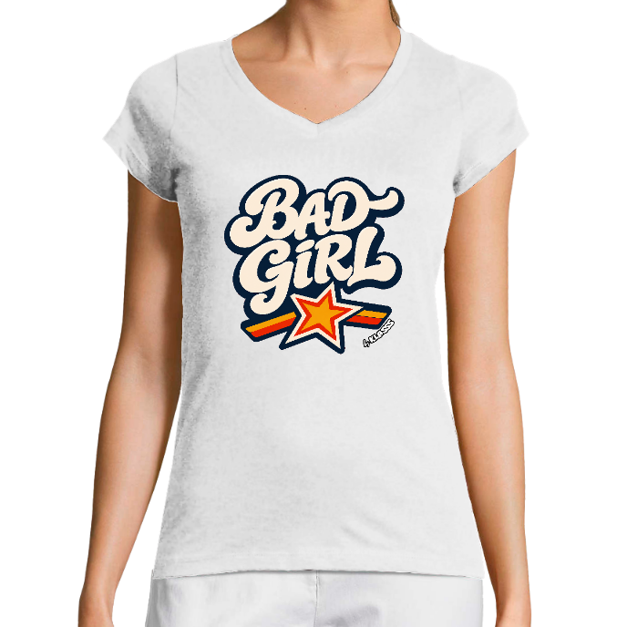 T-SHIRT FEMME COL V KLASSS "BAD GIRL" - Coupe très ajustée, design moderne et chic