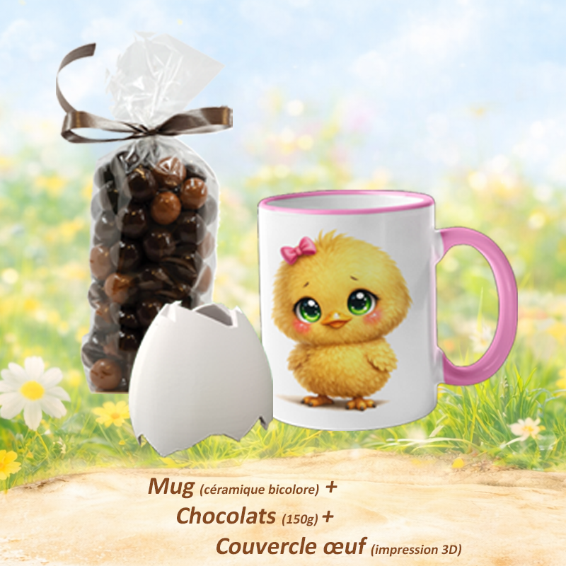 Pack cadeau Pâques mug poussin kawaii avec chocolats et couvercle œuf – prêt à offrir