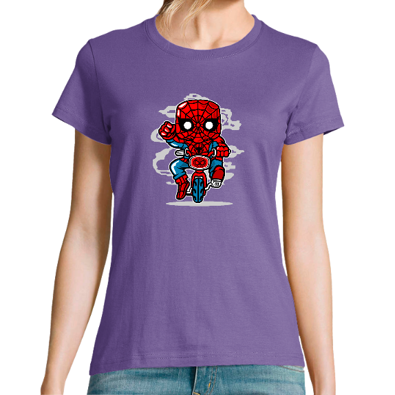 Face T-SHIRT SPIDERMAN SUR UNE MOTO FEMME
