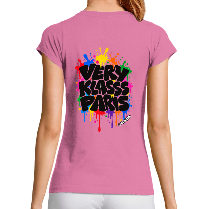 T-SHIRT FEMME COL V KLASSS "VERY KLASSS PARIS PAINT" - Coupe très ajustée, design Modern art