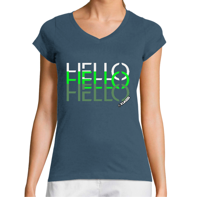 T-SHIRT FEMME COL V KLASSS "HELLO HELLO HELLO" - Coupe très ajustée, design Chic