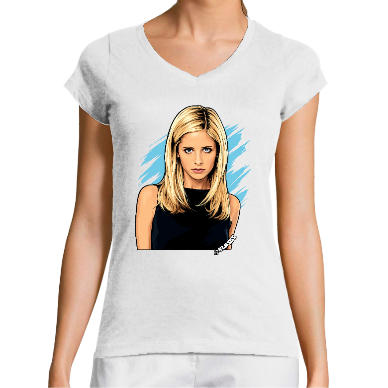 T-SHIRT FEMME COL V KLASSS "ICONIQUE BUFFY" SERIE TV - Coupe très ajustée, design VINTAGE Chic