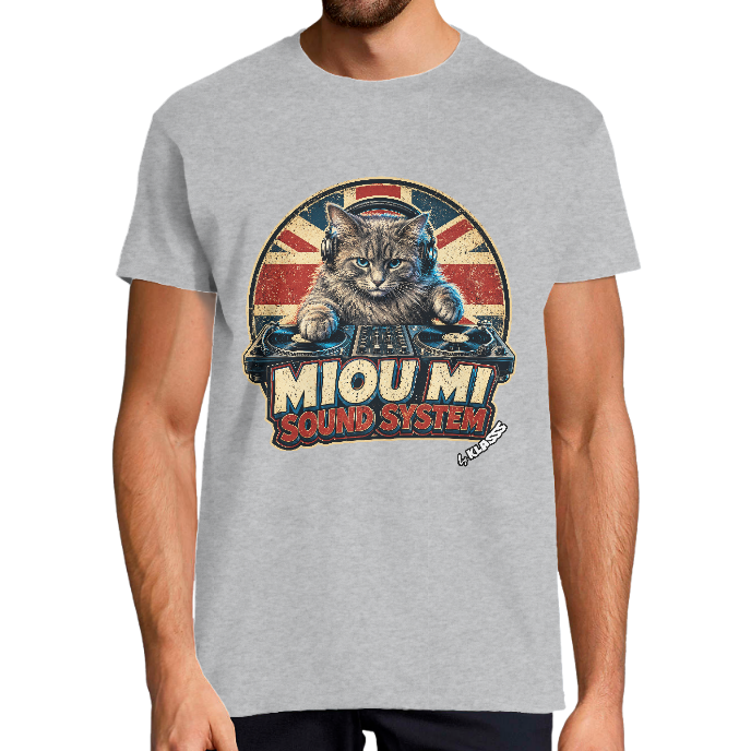 T-shirt Homme KLASSS "MIOU MI SOUND SYSTEM" HUMOUR MUSIQUE, col rond 150 gr