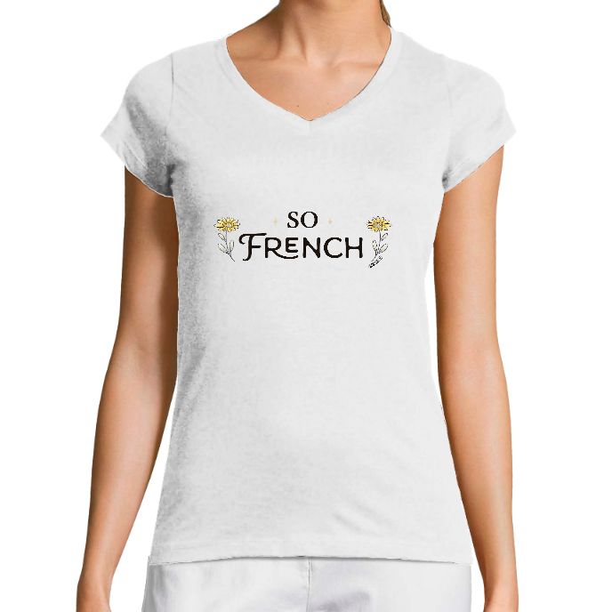 T-SHIRT FEMME COL V KLASSS Blanc "SO FRENCH" - Coupe très ajustée, design moderne