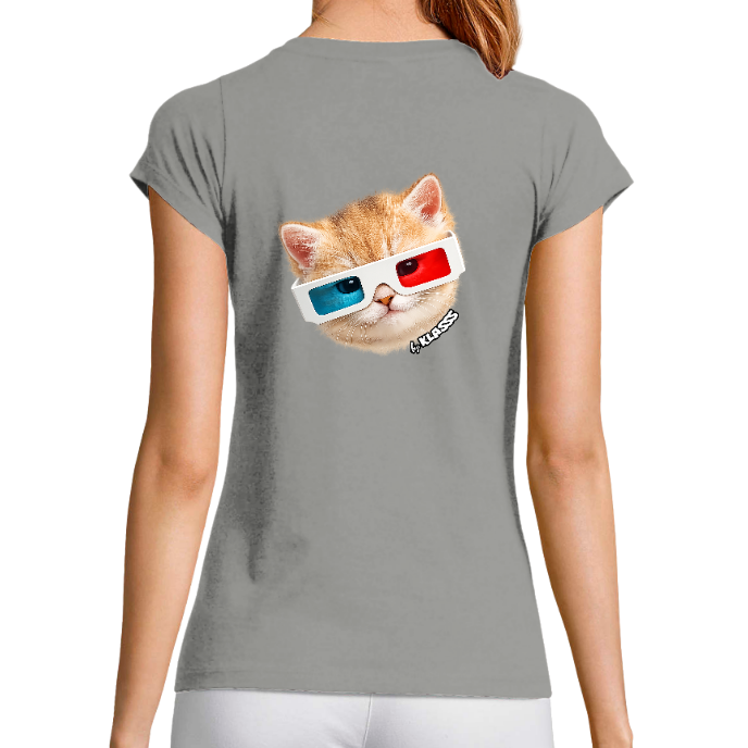 T-SHIRT FEMME COL V KLASSS "CAT LUNETTE DOS" - Coupe très ajustée, design VINTAGE Chic