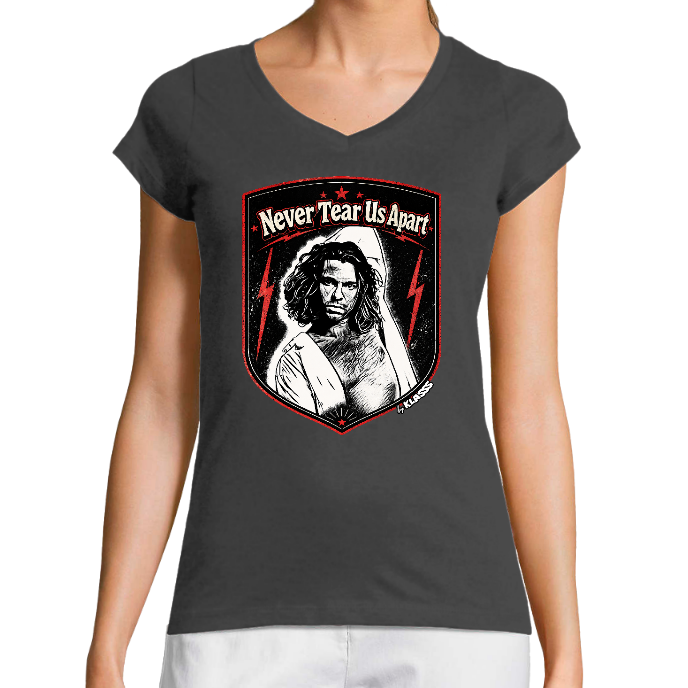 T-SHIRT FEMME COL V KLASSS Blanc "NEVER TEAR US APPART" - Coupe très ajustée, design INXS ROCK