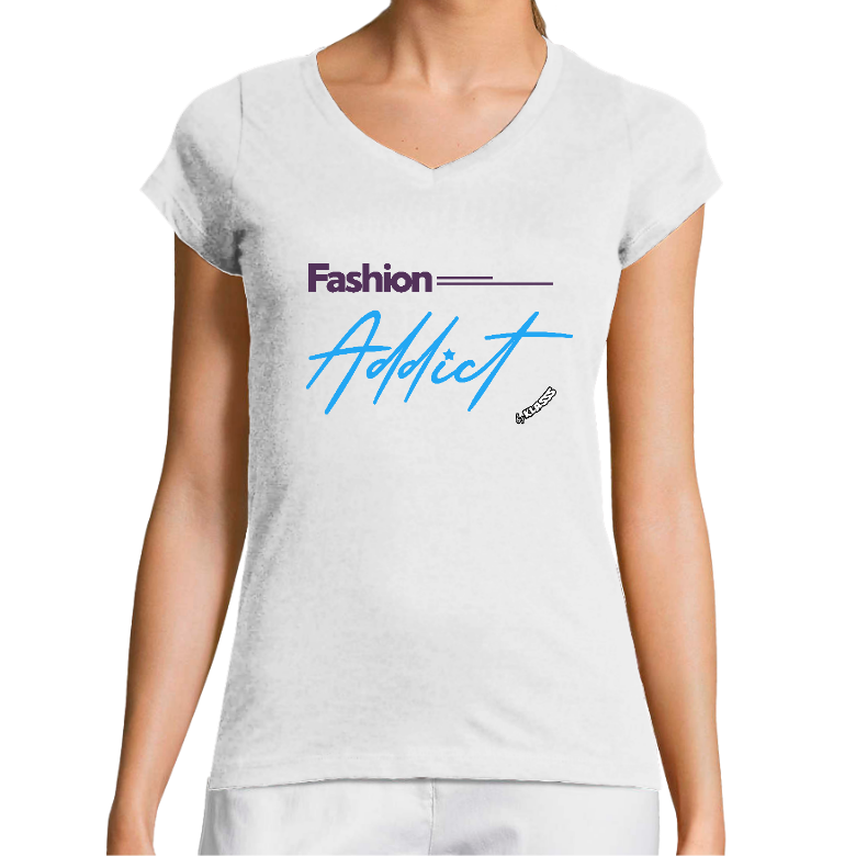 T-SHIRT FEMME COL V KLASSS Blanc "FASHION ADDICT" - Coupe très ajustée, design ORIGINAL Chic