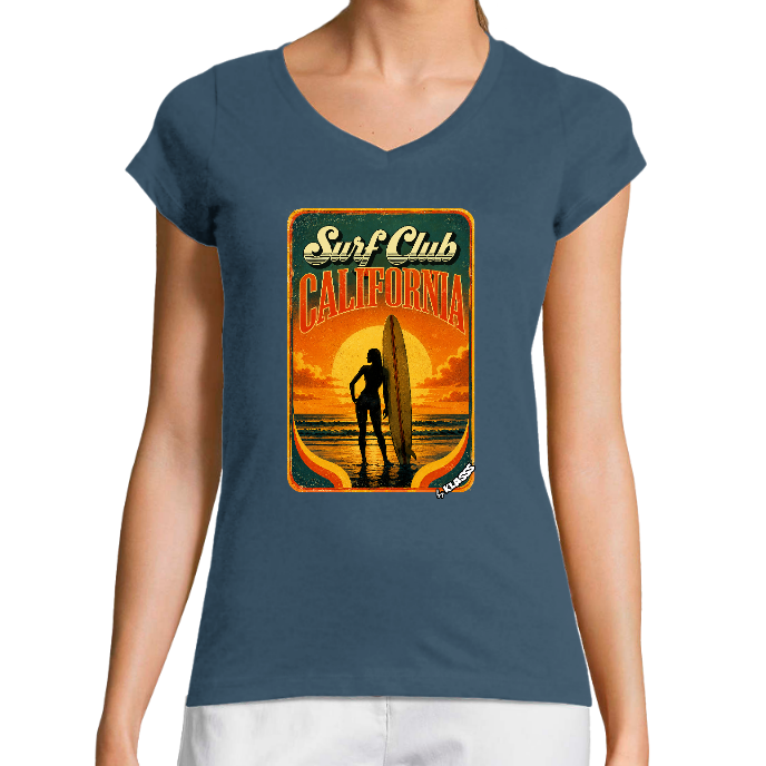 T-SHIRT FEMME COL V KLASSS "SURF CLUB CALIFORNIA" - Coupe très ajustée, design VINTAGE Chic