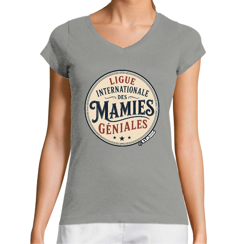 T-SHIRT FEMME COL V KLASSS "Ligue Internationale Des Mamies Géniales" - Coupe très ajustée, design VINTAGE Chic