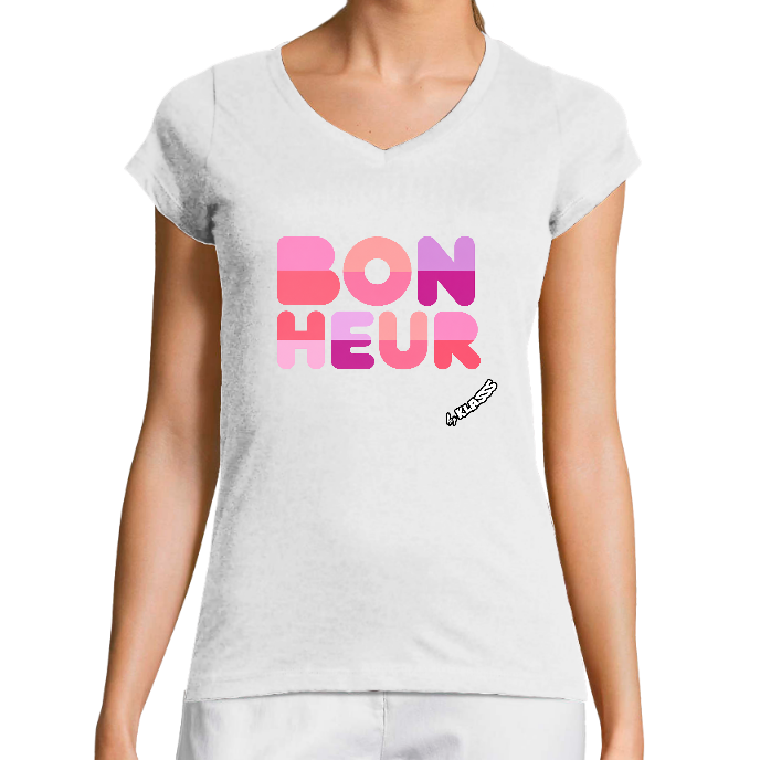 T-SHIRT FEMME COL V KLASSS "BONHEUR" - Coupe très ajustée, design moderne et chic