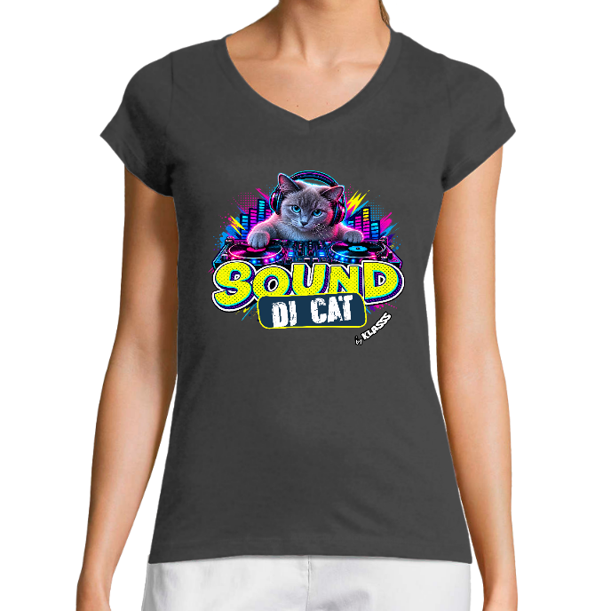 T-SHIRT FEMME COL V KLASSS "DJ CAT SOUND" - Coupe très ajustée, design VINTAGE Chic