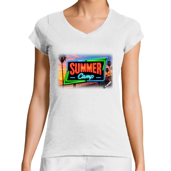 T-SHIRT FEMME COL V KLASSS "SUMMER CAMP" Style Californie- Coupe très ajustée