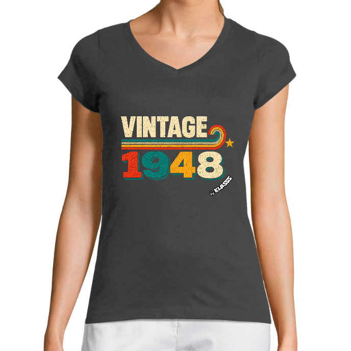 T-SHIRT FEMME COL V KLASSS VINTAGE "1948" - Coupe très ajustée, design Chic