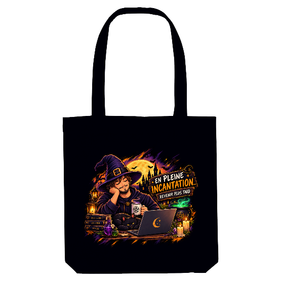 Tote bag Halloween En pleine incantation – Sorcier et chat noir