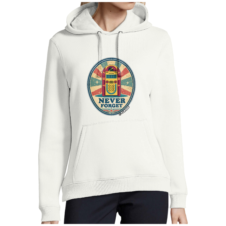 SWEAT FEMME A CAPUCHE BLANC "JUKEBOX NEVER FORGET", Style Vintage chic