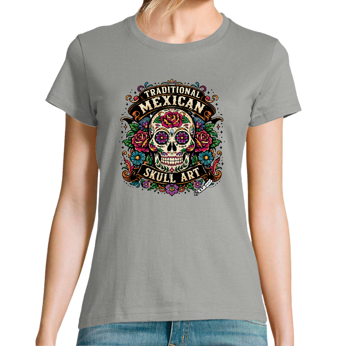 T-SHIRT FEMME COL Rond KLASSS "SKULL MEXICAN ART" - Coupe confortable, design Original