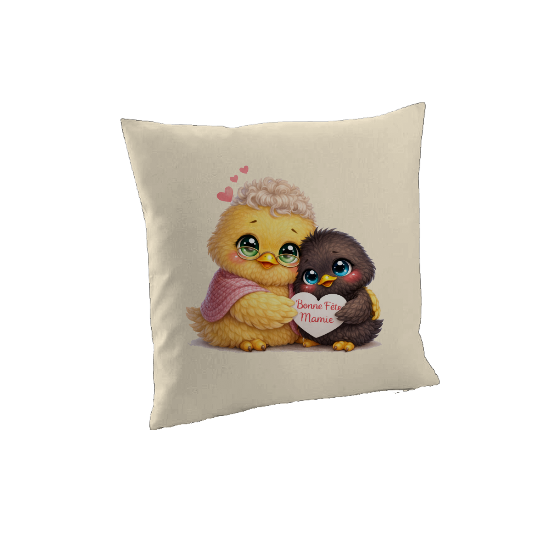 Housse de Coussin "Bonne Fête Mamie" – Duo de Poussins Adorables