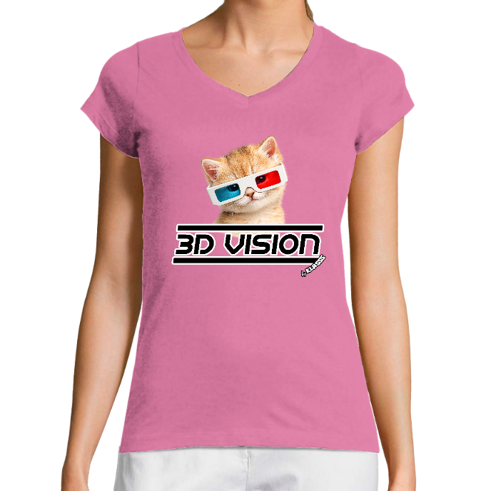 T-SHIRT FEMME COL V KLASSS "3D VISION CHAT" - Coupe très ajustée, design Humour