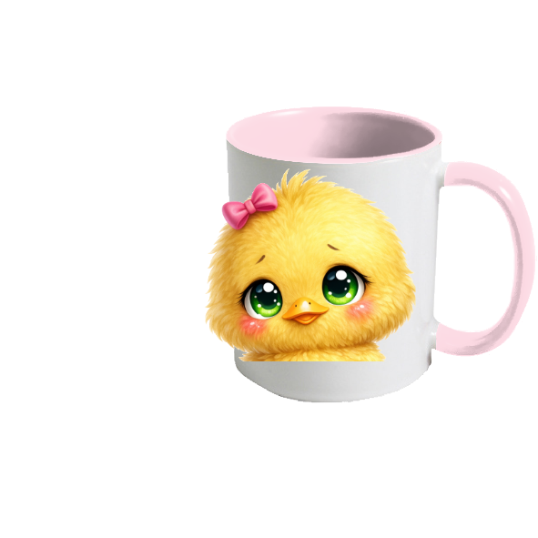 Mug poussin de Pâques kawaii – tasse adorable avec poussin et nœud rose