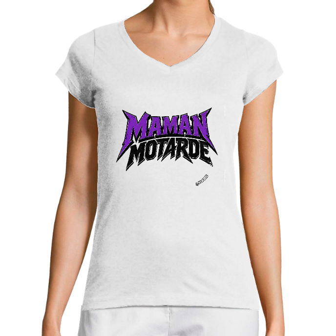T-SHIRT FEMME Blanc COL V KLASSS "MAMAN MOTARDE" - Coupe très ajustée, design moderne et chic