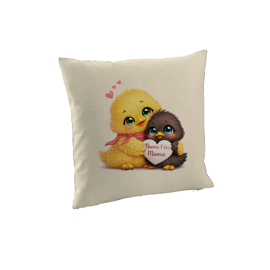 Housse de Coussin "Bonne Fête Mamie" – Duo de Poussins Tendres