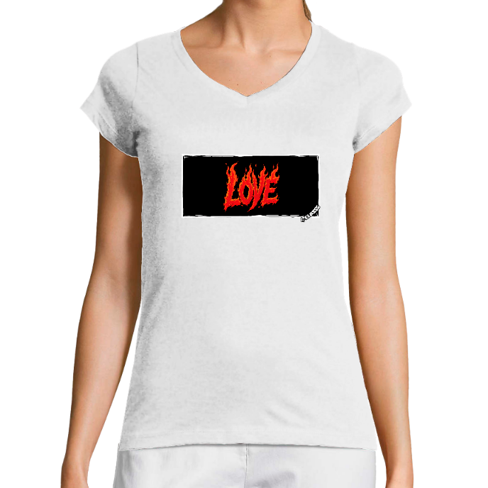 T-SHIRT FEMME COL V KLASSS "LOVE" Style Flamme - Coupe très ajustée