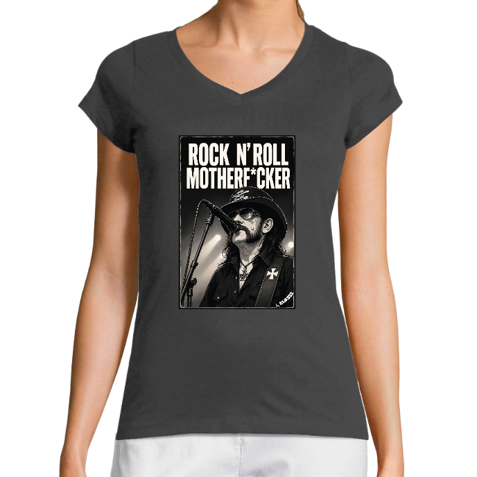 T-SHIRT FEMME COL V KLASSS "ROCK N'ROLL MOTHERF*CKER" - Coupe très ajustée, design Metal