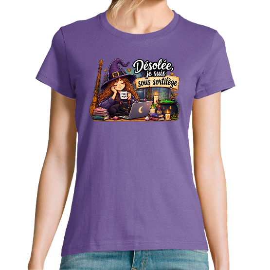 T-shirt Halloween Désolée, je suis sous sortilège – Sorcière et chat noir