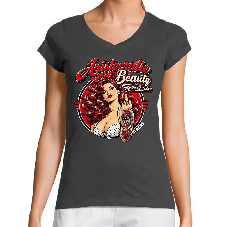 T-SHIRT FEMME COL V KLASSS "ARISTOCRATIC BEAUTY" - Coupe très ajustée, design VINTAGE PIN-UP