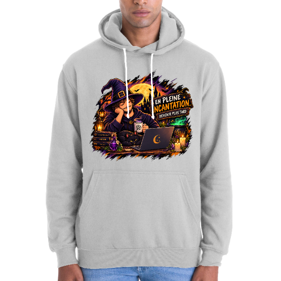 Sweat à capuche Halloween En pleine incantation – Sorcier et chat noir