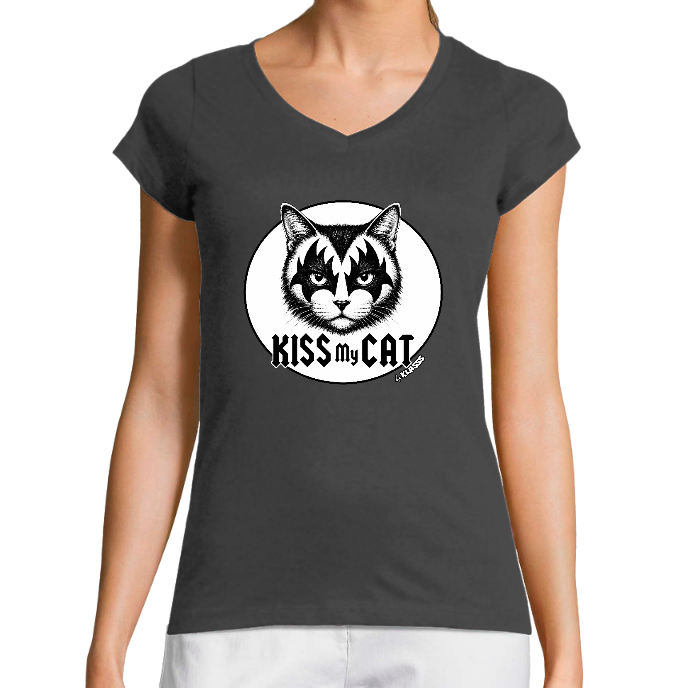 T-SHIRT FEMME COL V KLASSS "KISS MY CAT" - Coupe très ajustée, design VINTAGE ROCK CHAT