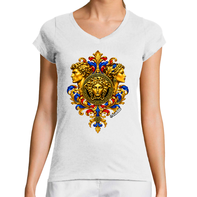 T-SHIRT FEMME COL V KLASSS VINTAGE "BAROQUE STYLE" - Coupe très ajustée, design Original
